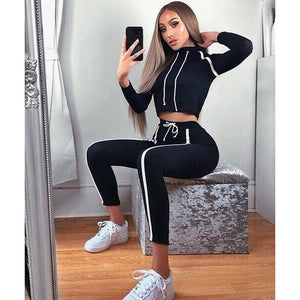 ZP 2019 Tracksuit 2pcs Women Set Hoodies Crop Top Sweatshirt+Side Stripe Pants Hooded 2 Pieces Sets Women Clothing Suits Female