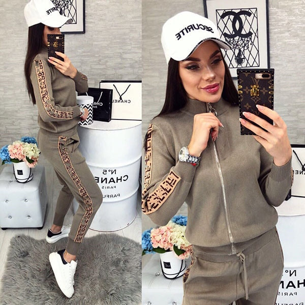 2019 Spring Women Sport Suits Fashion Printed Running Sets Sweat Pants Female Jogging Suit Tracksuit Hooded Sweatshirt