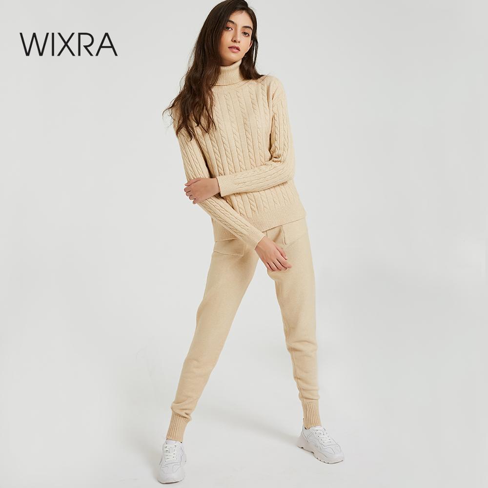 Wixra Knitted Women Sweater Sets Turtleneck Long Sleeve Sweaters Tops+Pockets Long Pants Solid 2 Pieces Suits Winter Costume