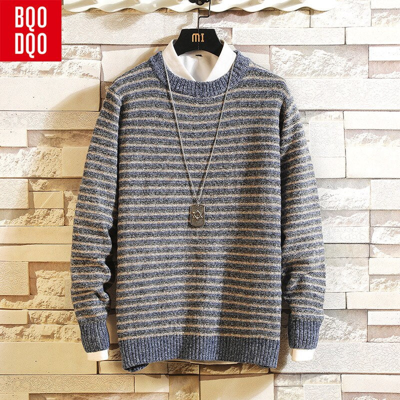 BQODQO Streetwear Knitted Brand Pullover Clothing Men Autumn Winter Slim Fit Sweater Male Casual Striped Pull Jumper Sweaters