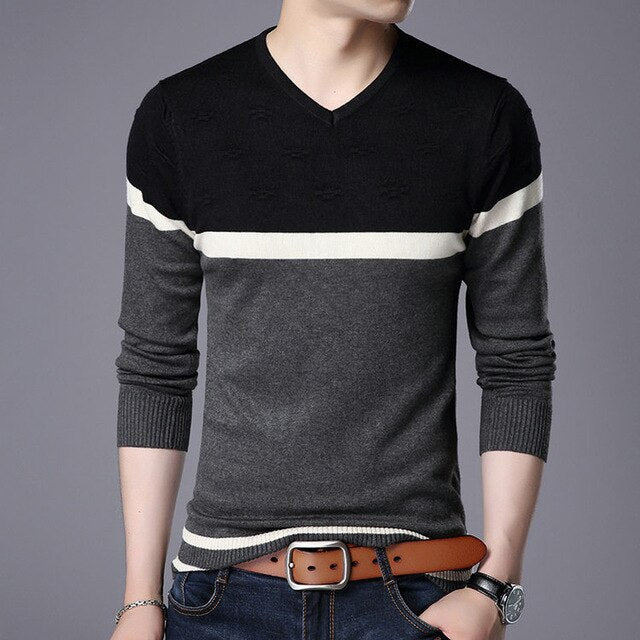 New Fashion Striped Cashmere Wool Sweater Men Clothing 2019 Autumn Winter New Arrival Slim Warm Sweaters V Neck Pullover Men Top