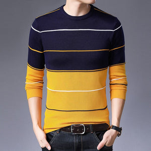 M-3XL 2019 Autumn Winter Casual Men's Sweater O-Neck Striped Slim Fit KnittwearPullovers