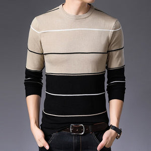 M-3XL 2019 Autumn Winter Casual Men's Sweater O-Neck Striped Slim Fit KnittwearPullovers