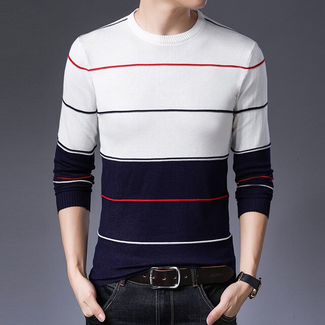 M-3XL 2019 Autumn Winter Casual Men's Sweater O-Neck Striped Slim Fit KnittwearPullovers