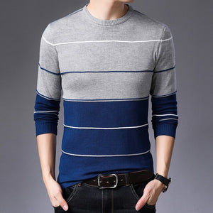 M-3XL 2019 Autumn Winter Casual Men's Sweater O-Neck Striped Slim Fit KnittwearPullovers