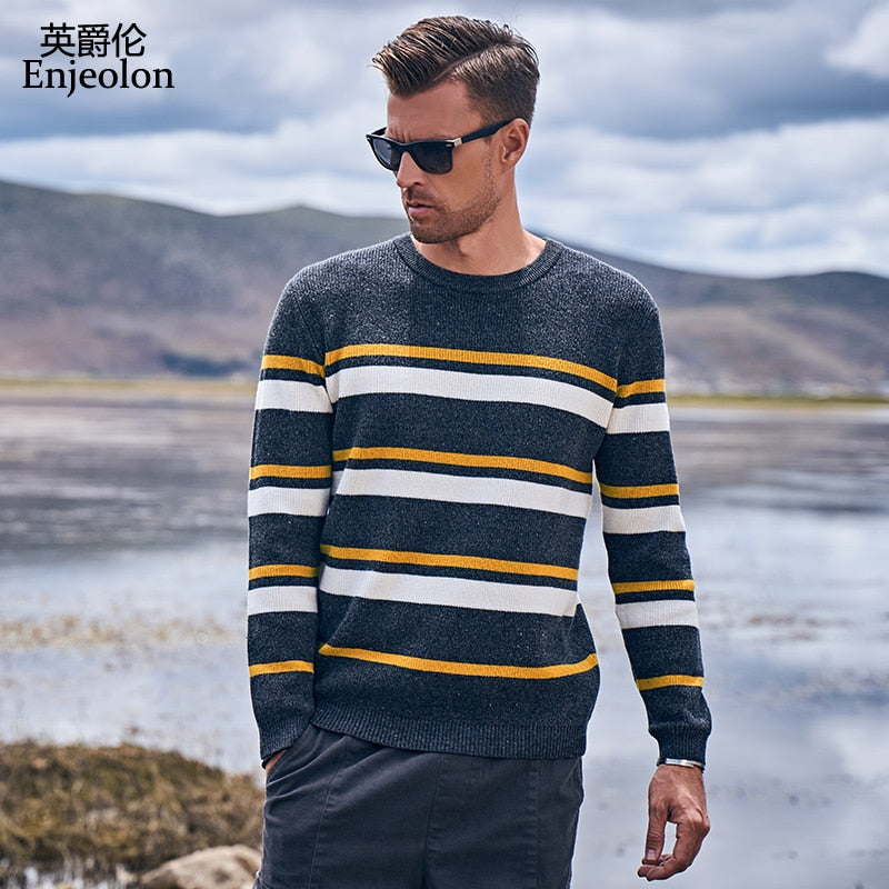 Enjeolon Men's Autumn New Striped Sweater Men Fashion Contrast Color Round Neck Streetwear Knitted Pullover Plus Size MY3453