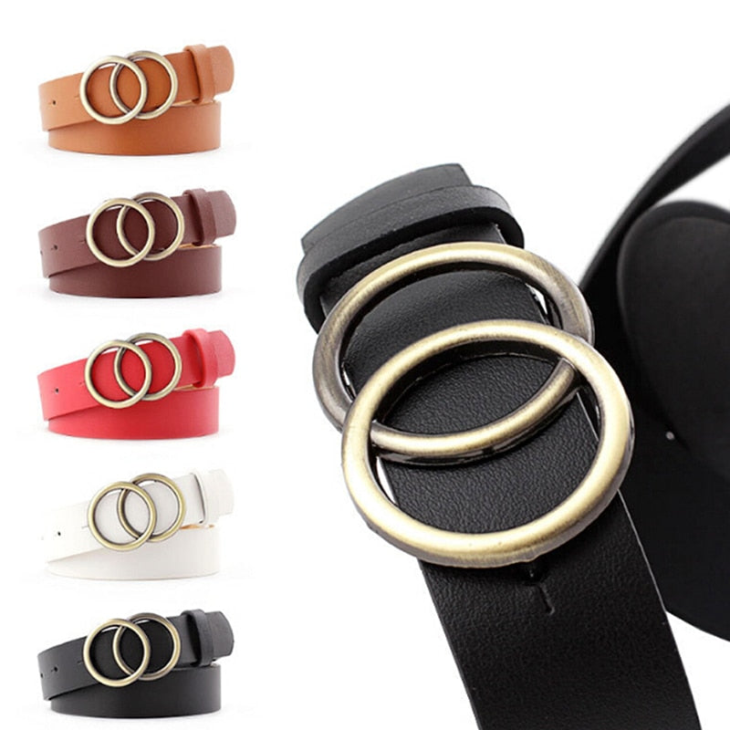 Girls Leather Belt Round Ring Metal Double Buckle Belt Waistband Belts