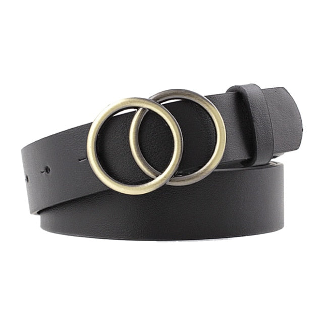 Girls Leather Belt Round Ring Metal Double Buckle Belt Waistband Belts