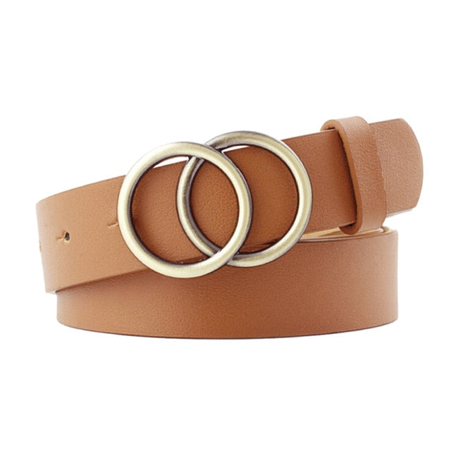 Girls Leather Belt Round Ring Metal Double Buckle Belt Waistband Belts