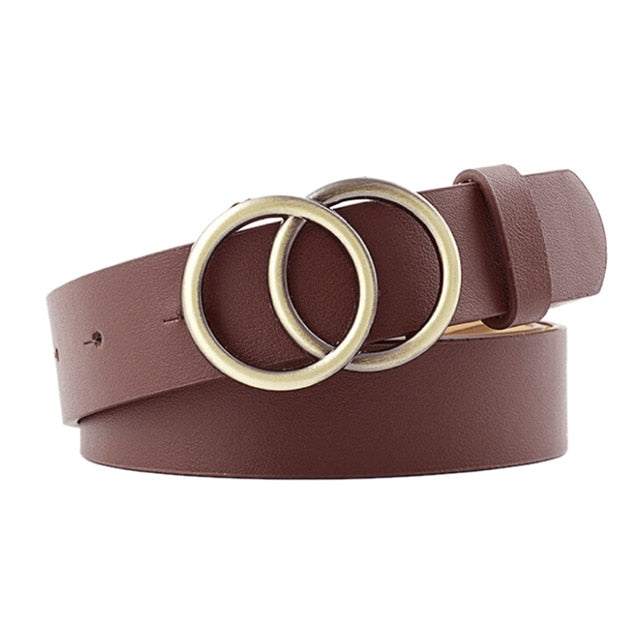 Girls Leather Belt Round Ring Metal Double Buckle Belt Waistband Belts