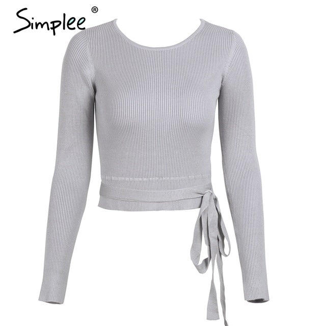 Simplee Casual tie up knitted sweater women Skinny slim knitting pull femme jumper Crop top winter sweater tricot pullover women