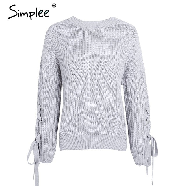 Simplee Casual o neck knitted sweater women jumper Lace up sleeve knitting pull femme 2017 autumn winter sweater pullover female