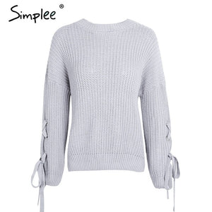 Simplee Casual o neck knitted sweater women jumper Lace up sleeve knitting pull femme 2017 autumn winter sweater pullover female