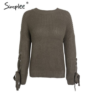 Simplee Casual o neck knitted sweater women jumper Lace up sleeve knitting pull femme 2017 autumn winter sweater pullover female