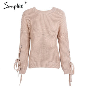 Simplee Casual o neck knitted sweater women jumper Lace up sleeve knitting pull femme 2017 autumn winter sweater pullover female