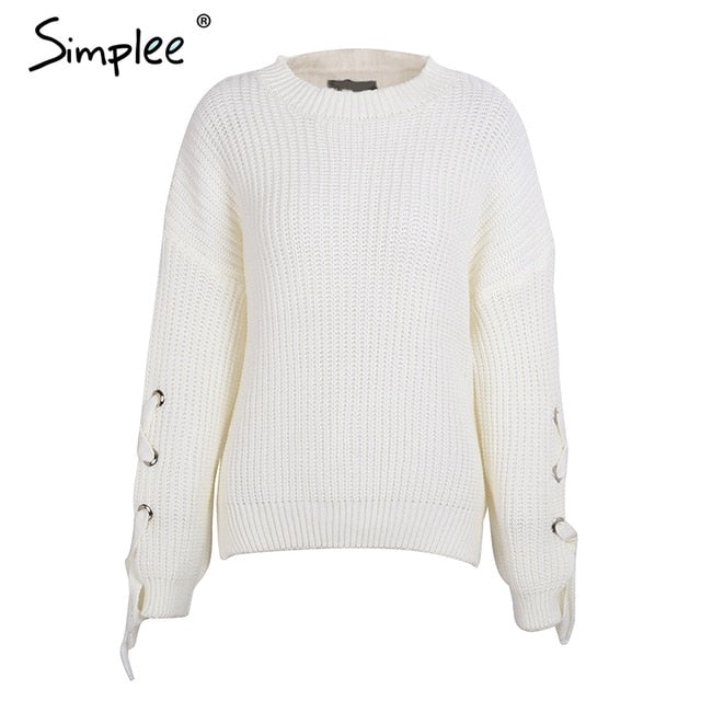 Simplee Casual o neck knitted sweater women jumper Lace up sleeve knitting pull femme 2017 autumn winter sweater pullover female