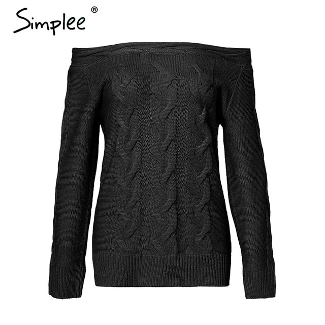 Simplee Off shoulder twist women knitted plus size sweaters Elegant slim fit pullover and sweater 2018 Autumn winter female tops