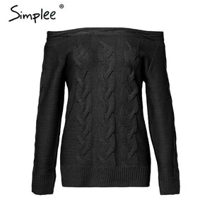 Simplee Off shoulder twist women knitted plus size sweaters Elegant slim fit pullover and sweater 2018 Autumn winter female tops