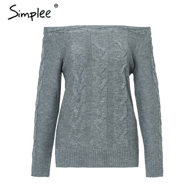 Simplee Off shoulder twist women knitted plus size sweaters Elegant slim fit pullover and sweater 2018 Autumn winter female tops