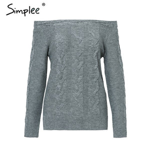 Simplee Off shoulder twist women knitted plus size sweaters Elegant slim fit pullover and sweater 2018 Autumn winter female tops