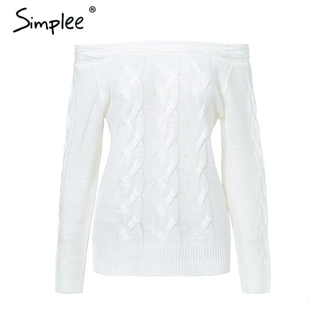 Simplee Off shoulder twist women knitted plus size sweaters Elegant slim fit pullover and sweater 2018 Autumn winter female tops