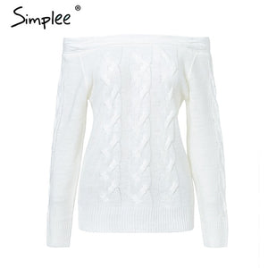 Simplee Off shoulder twist women knitted plus size sweaters Elegant slim fit pullover and sweater 2018 Autumn winter female tops