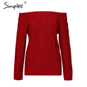 Simplee Off shoulder twist women knitted plus size sweaters Elegant slim fit pullover and sweater 2018 Autumn winter female tops