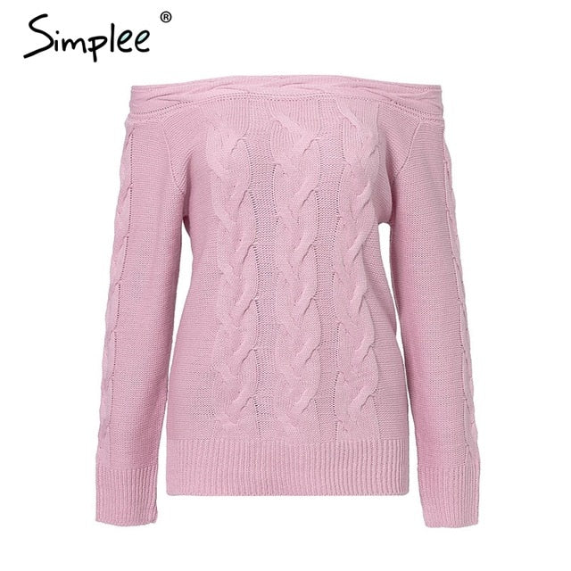 Simplee Off shoulder twist women knitted plus size sweaters Elegant slim fit pullover and sweater 2018 Autumn winter female tops