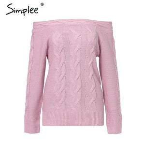 Simplee Off shoulder twist women knitted plus size sweaters Elegant slim fit pullover and sweater 2018 Autumn winter female tops