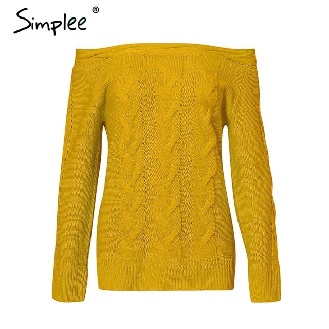 Simplee Off shoulder twist women knitted plus size sweaters Elegant slim fit pullover and sweater 2018 Autumn winter female tops