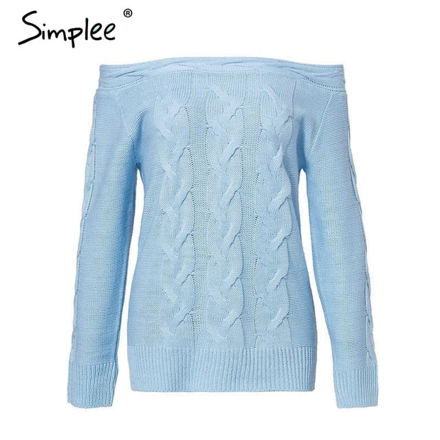 Simplee Off shoulder twist women knitted plus size sweaters Elegant slim fit pullover and sweater 2018 Autumn winter female tops