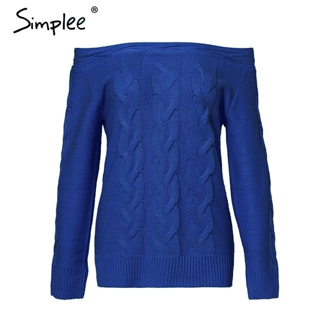 Simplee Off shoulder twist women knitted plus size sweaters Elegant slim fit pullover and sweater 2018 Autumn winter female tops