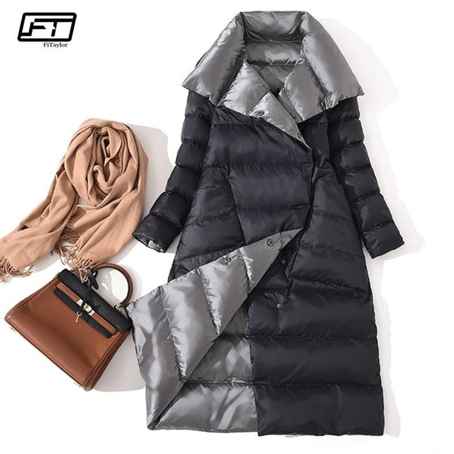 Fitaylor  Women Double Sided Down Long Jacket Winter Turtleneck White Duck Down Coat Double Breasted Warm Parkas Snow Outwear